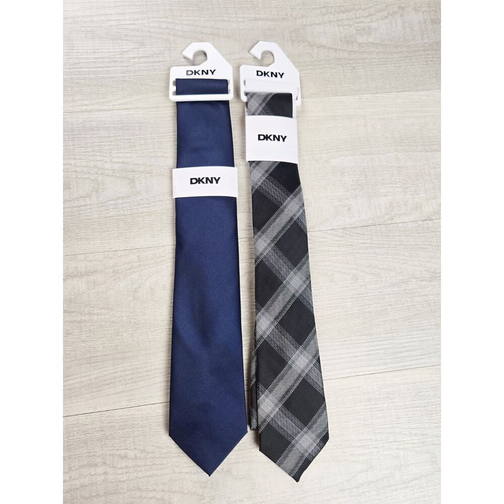 DKNY Mens Set of 2 Ties Solid Navy Satin & Charcoal Black Tartan Plaid NWT